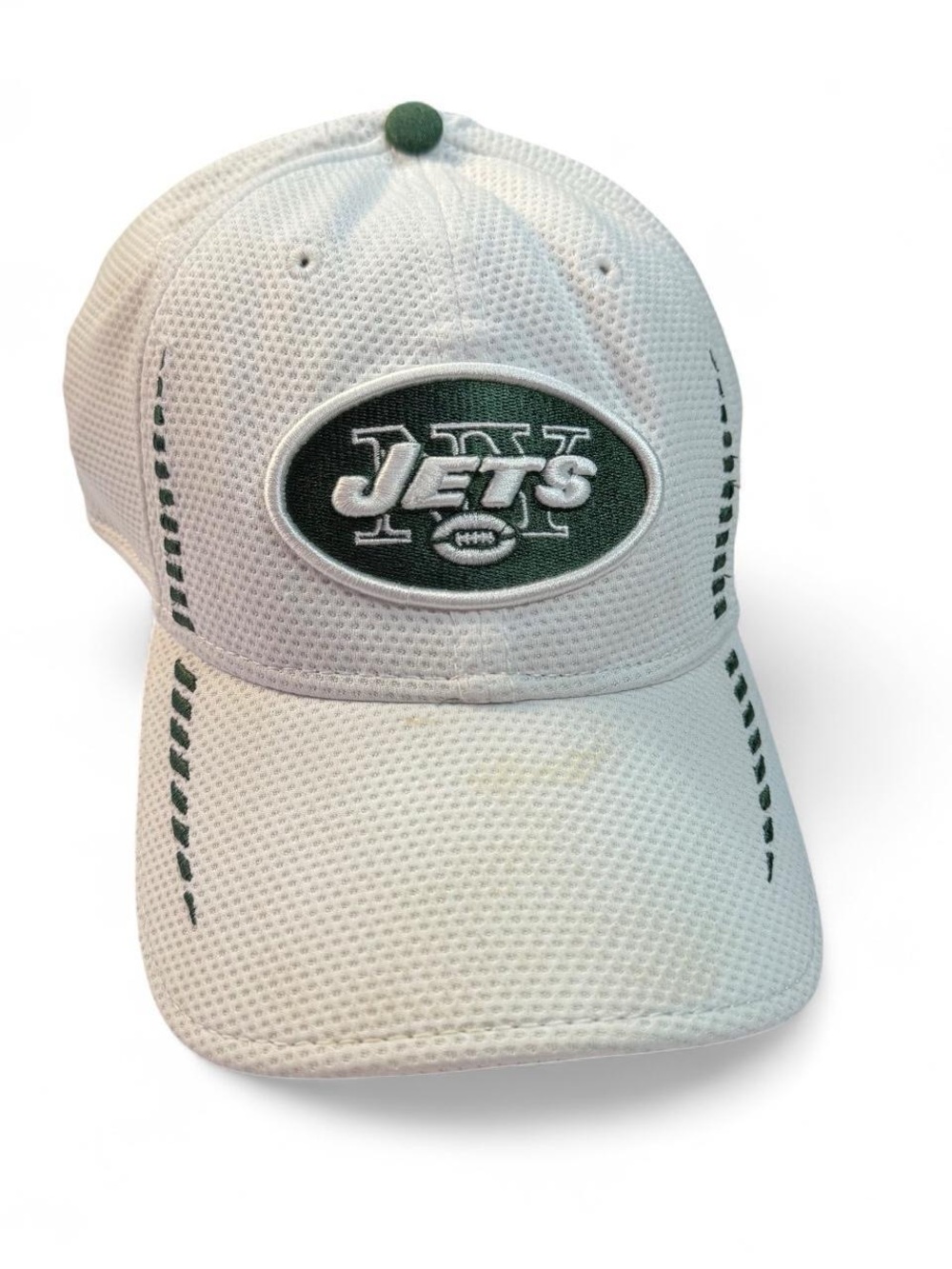 New York Jets White Mesh Flex Fit Hat M/L NFL Stretch Cap Fan Gear